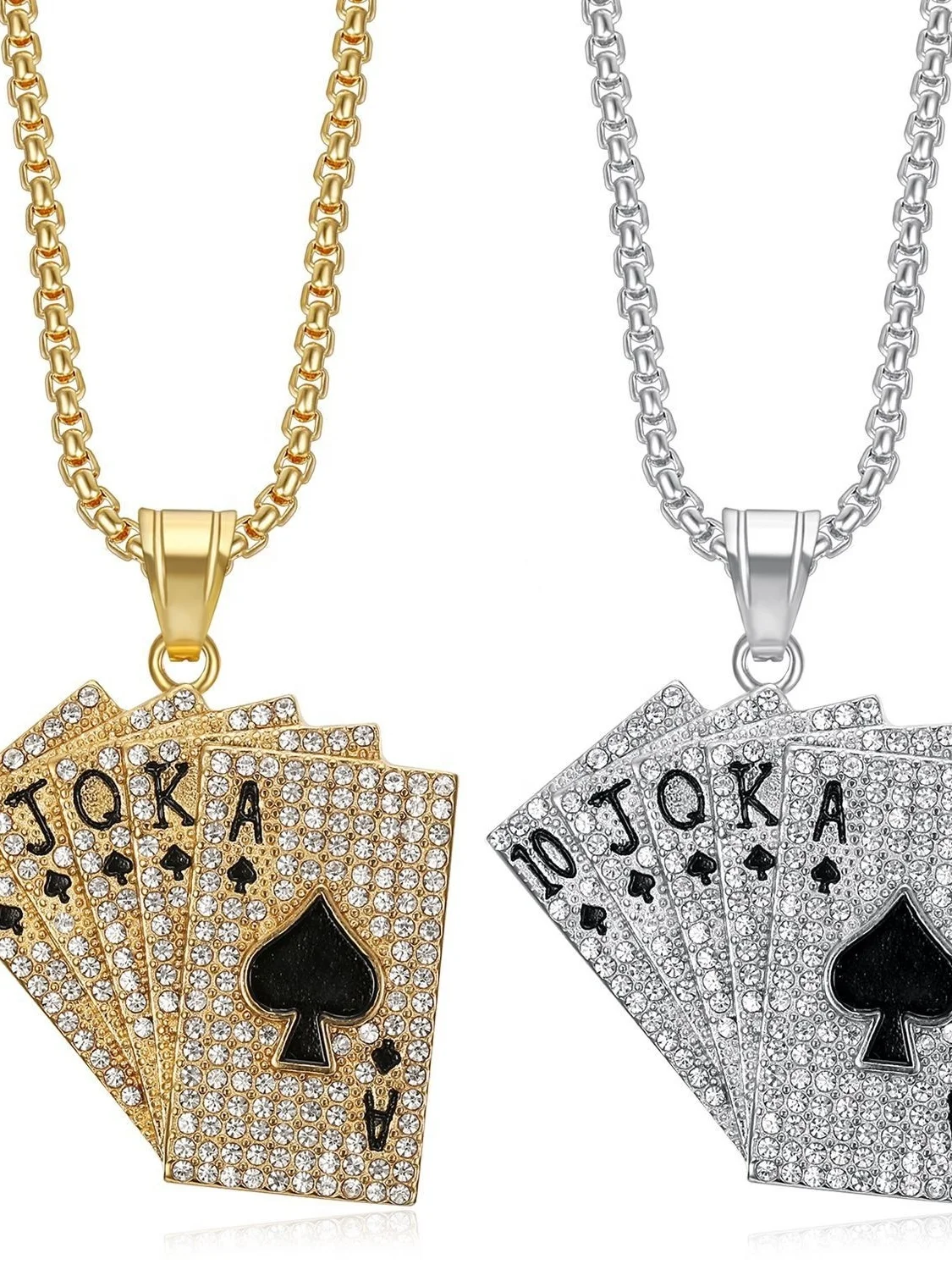 Hip Pop Stainless Steel Diamond Royal Flush Playing Card Jewelry Poker Pendant Necklace