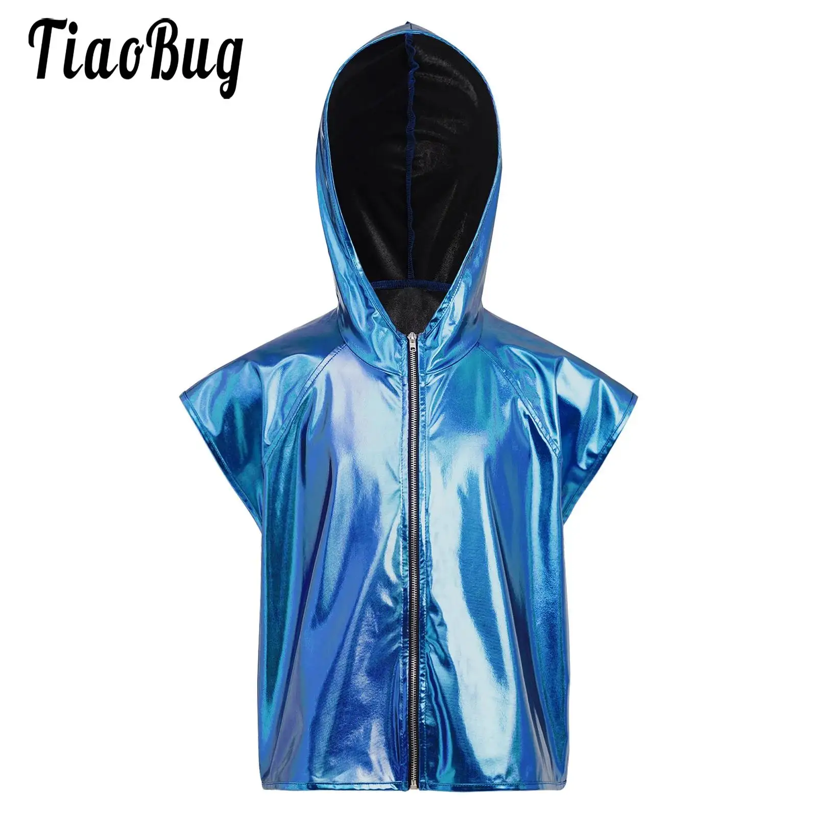 أطفال بنين بنات موضة معدنية مقنعين سترة الهيب هوب شارع الرقص لامعة قلنسوة بسحاب صدرية لأداء مرحلة رقص الجاز #1