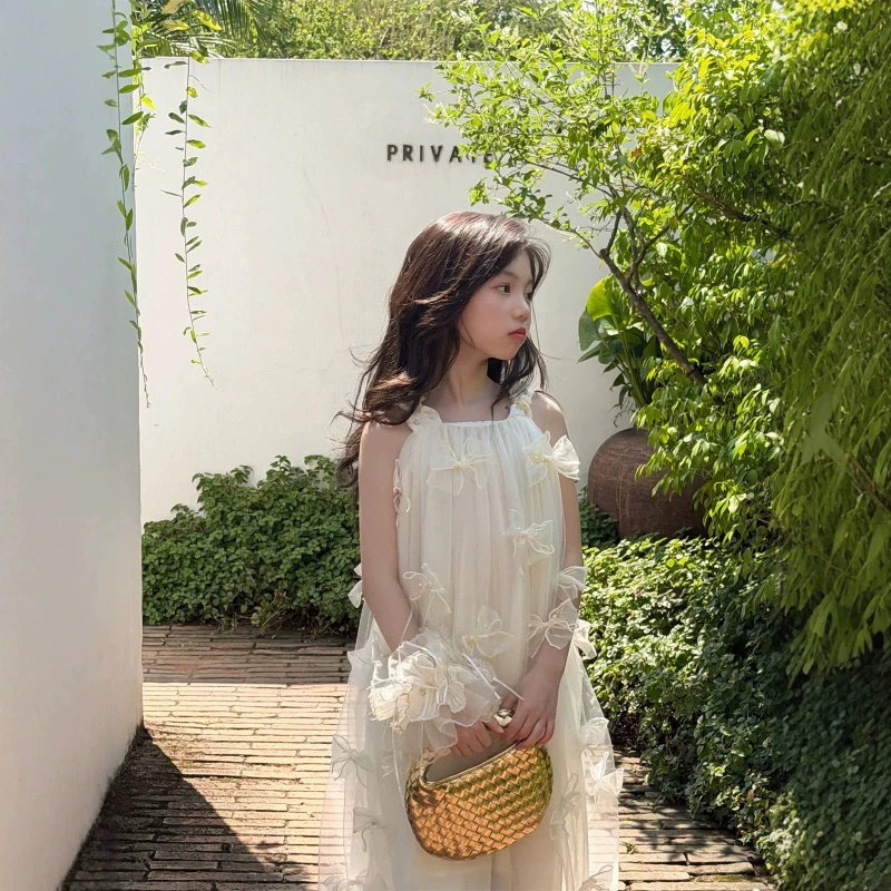 

2026 New Four Seasons Butterfly Knot Mesh Fairy Style Strap Long Style Children's Princess Dress