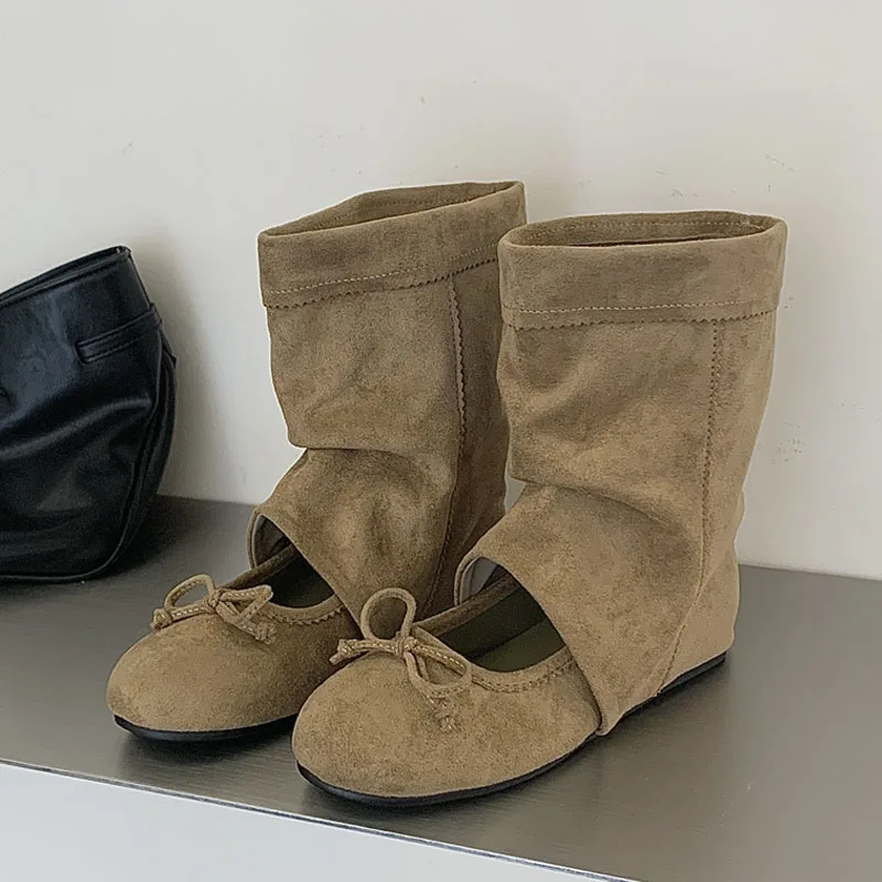 

Eilyken Comfortable Low Flat Heels Butterfly-knot Women Ankle Boots Sandals Vintage Splicing Hollow Round Toe Shoes