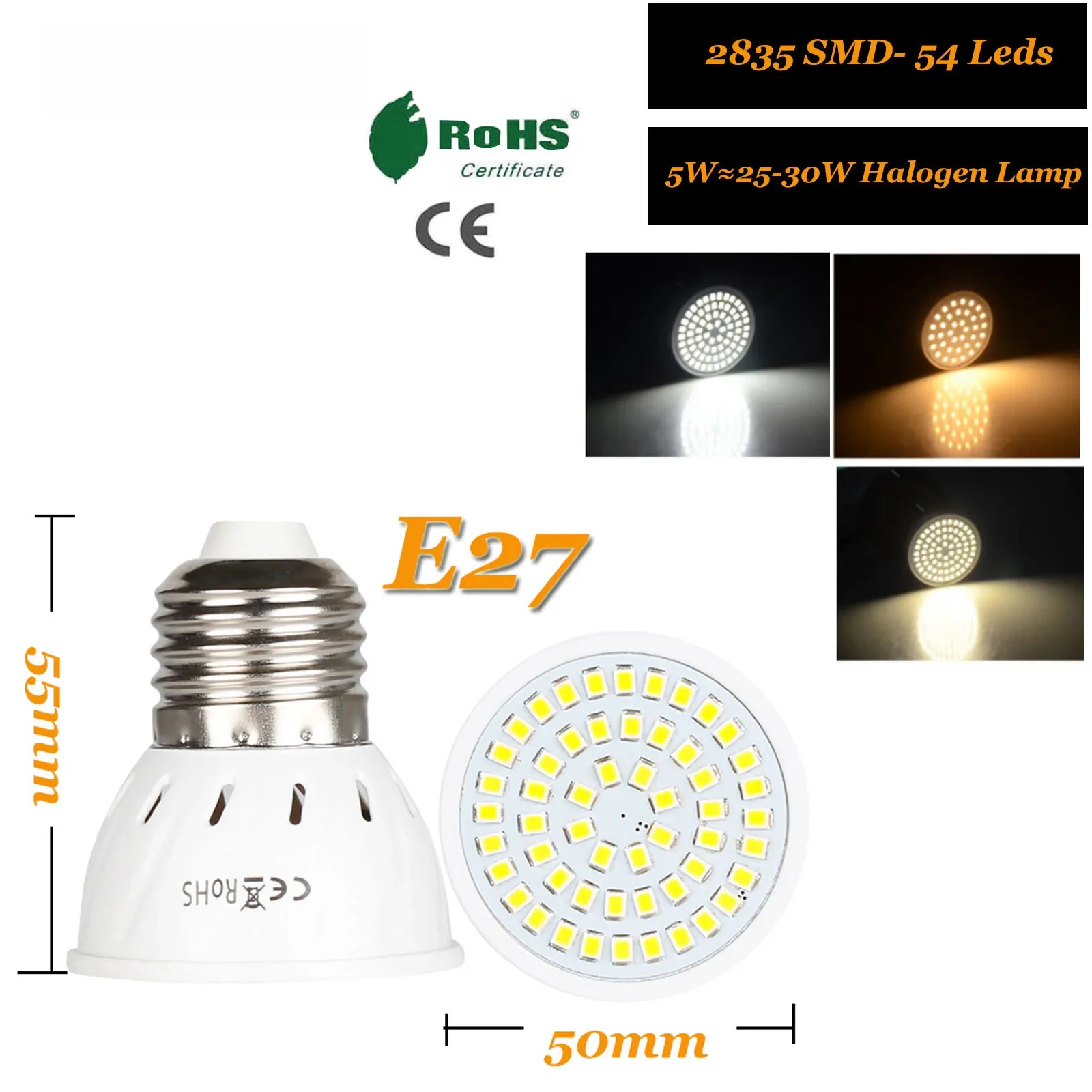 Lâmpadas LED de Poupança de Energia, E27, 3W, 5W, 7W, Base de Parafuso, 2835 SMD, AC 110V, 220V, Branco Brilhante, Spot Light para Casa e Hotel