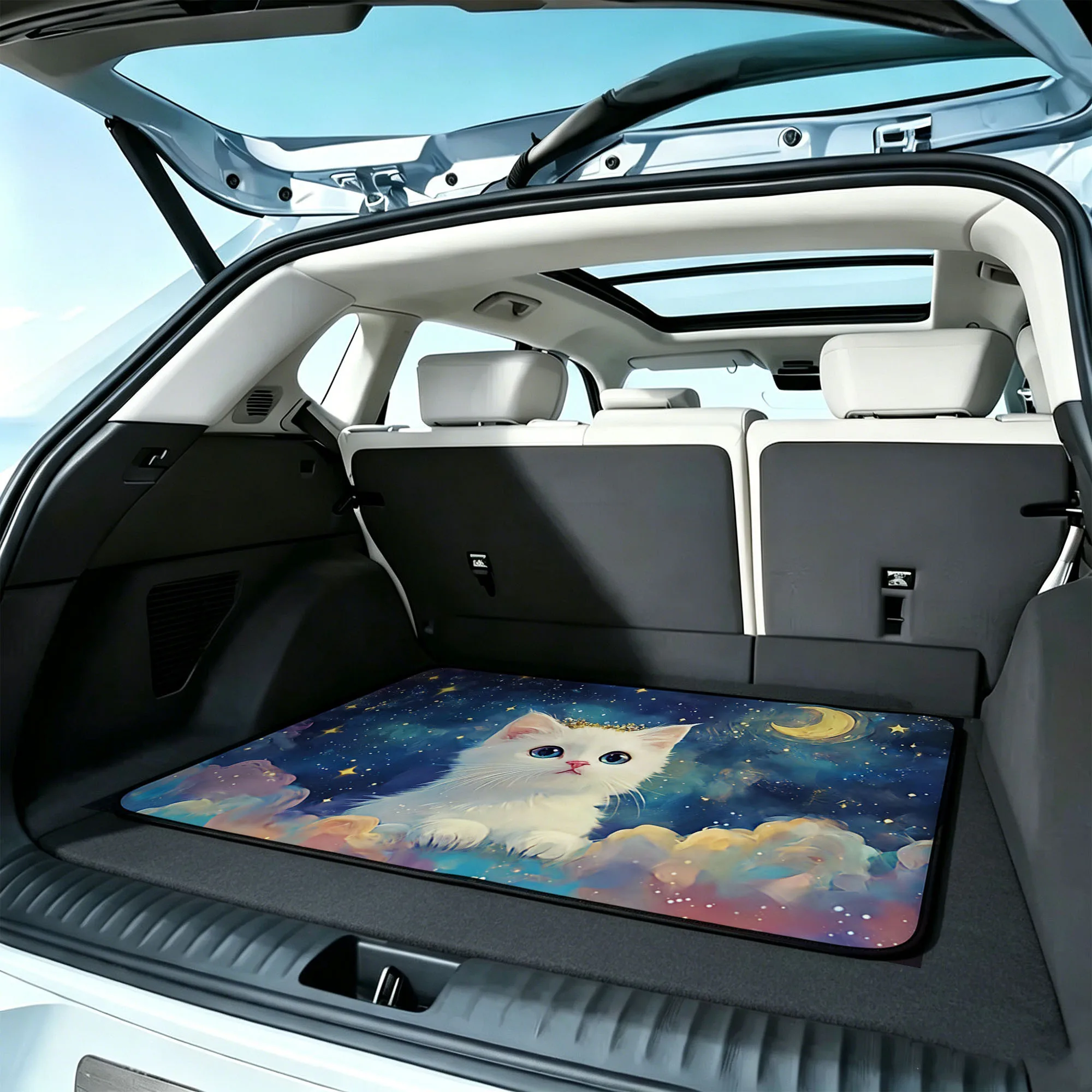1pc Car Trunk Mat, 2D Flat, Fantasy Style Kitten White Car Trunk Mat, For Sedans, Trucks, And Suvs, All-Season, 2D Flat Print, K