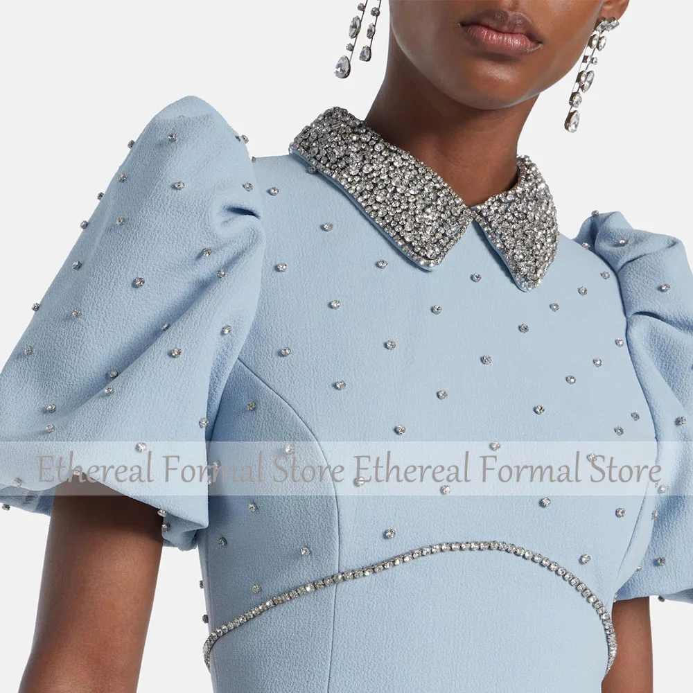 Modern Sky Blue ชุดราตรีสําหรับงานแต่งงาน Mermaid ชุดพรรคอย่างเป็นทางการความยาวแขนสั้นพรหมชุดประดับด้วยลูกปัด Saudi ชุด
