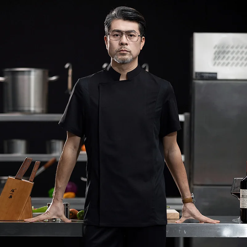 

All-black short-sleeved chef uniform, summer thin style, restaurant kitchen chef workwear for men, breathable kitchen wear