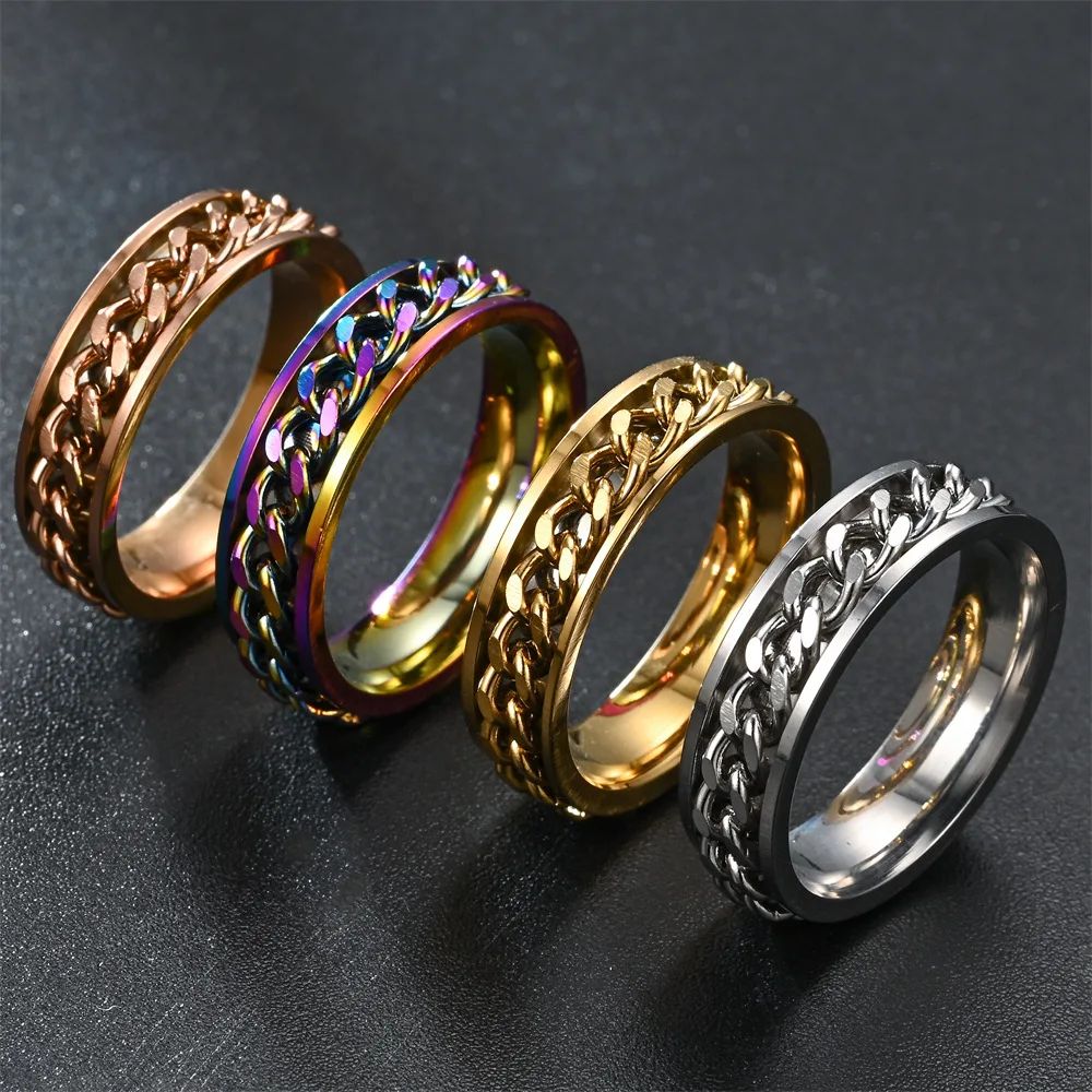 

New 6MM Cool Stainless Steel Rotatable Couple Ring High Quality Spinner Chain Rotable Rings Women Man Punk Jewelry Party Gift