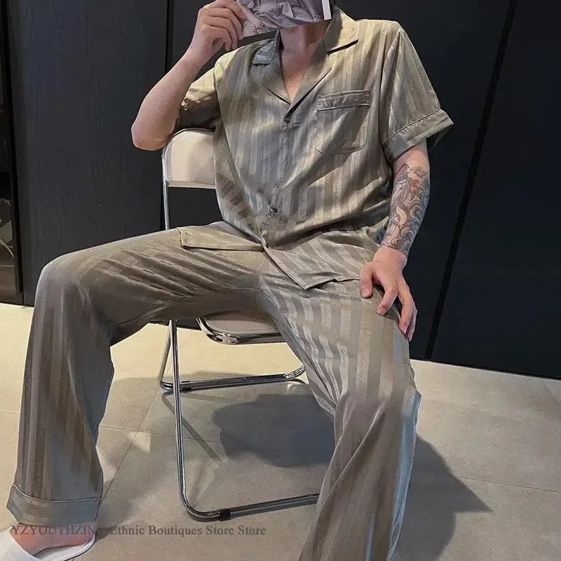 New Men's Sleepwear Pajamas 2Pcs Set Fashion Stripes Short Sleeve Trouser Pijamas Suit Loose Casual Satin Loungewear Pyjama