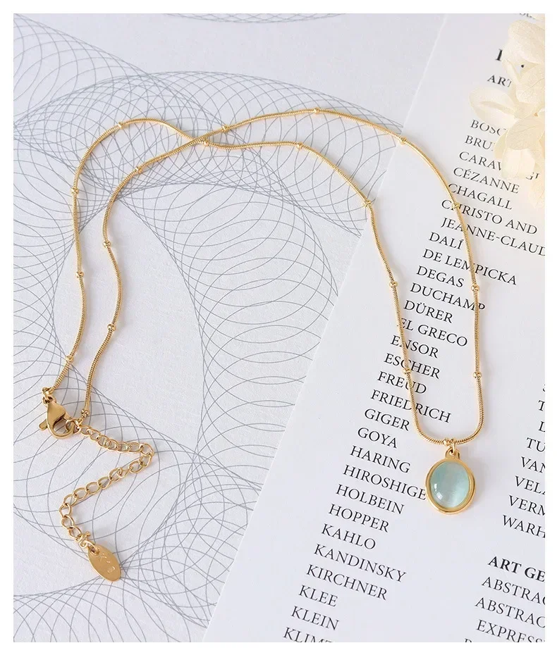 Women's Green Stone Necklace,Charm 18k Gold Plated Stainless Steel Snake Chain Jewelry Bling Drop Pendant Choker Necklaces Gift