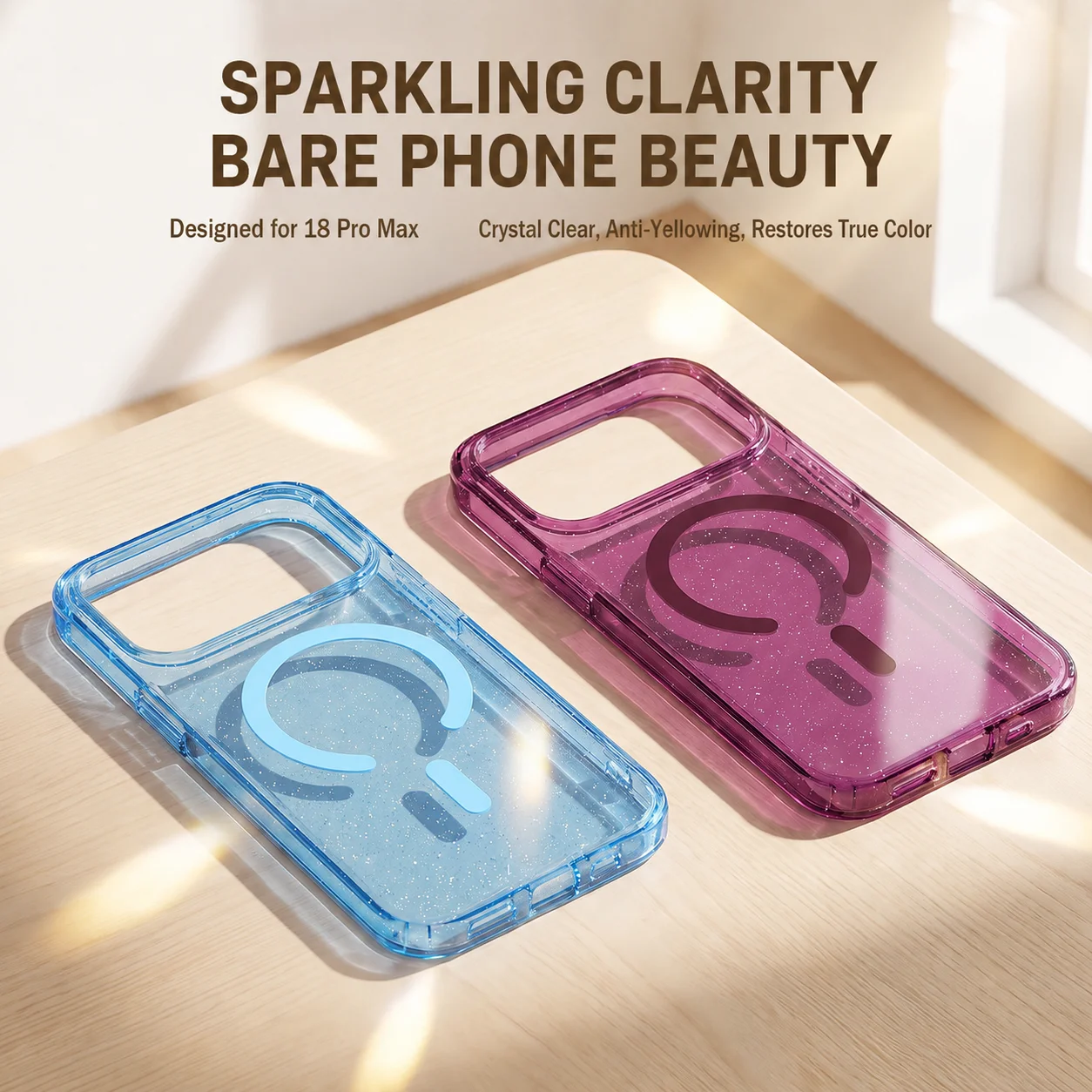 Luxuriöse Transparente Glitzerhülle für iPhone 18 Pro Max 17 Pro Stoßfeste Schutzhülle. Neues Kirschrot, Hellblau, Anti-Gelbton – Detail 3
