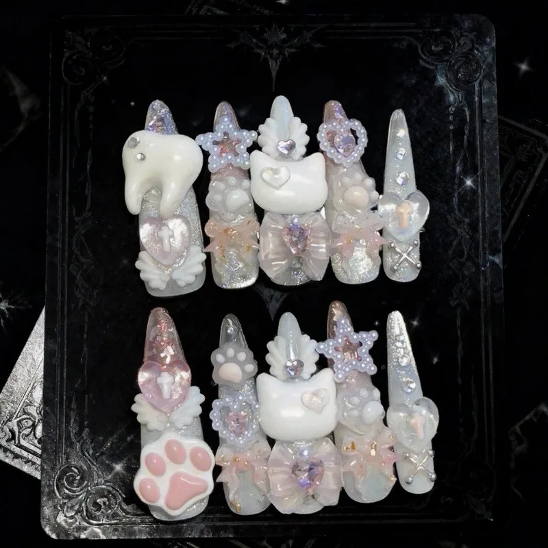 10 шт. накладных ногтей-стилетов Sweet Cool White 3D с кошачьими лапками и бантиками, ручной работы, с милыми стразами в форме сердца, звездами и жемчугом, многоразовые накладные ногти