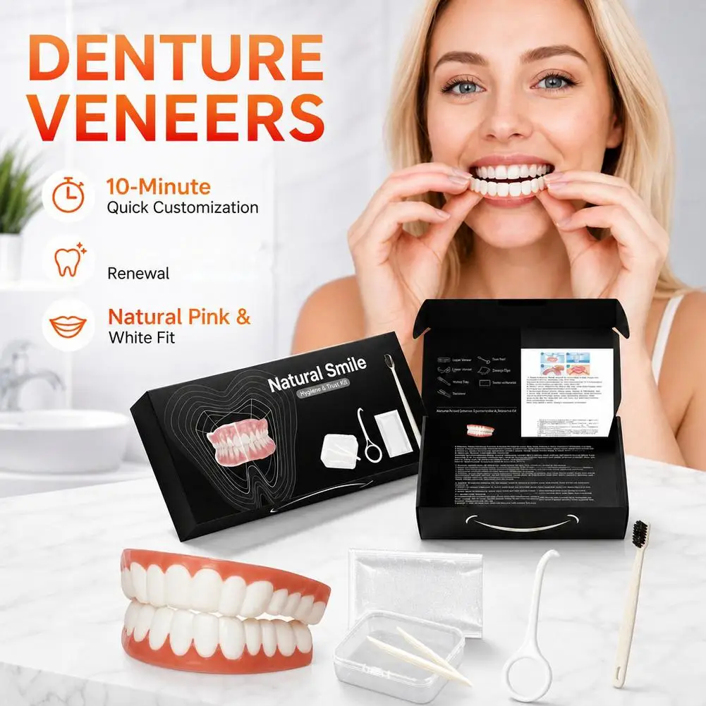 Complete Full Mouth Denture Set Soft Silicone Reline False Teeth Storage Case Toothbrush Removal Hook Comfortable Fit