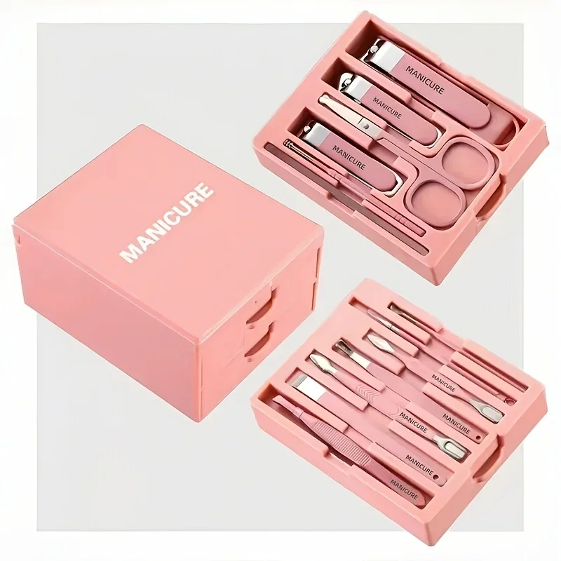 13pcs Pink Nail Care & Beauty Set with Mirror Nail Clippers Eyebrow Scissors Suitable for Manicure Pedicure Portable Case 5