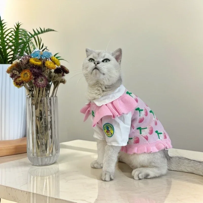 Flower Pet Dog Sweater Cute Cherry Knitted Tank Top Jacquard Flying Sleeve Strap Clothes Pearl Soft Puppy Coat Jackets Clothing