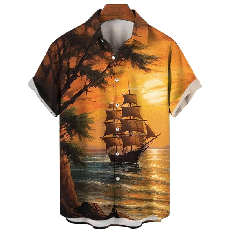 

Гавайская рубашка с коротким рукавом для мужчин, Повседневная Уличная одежда с 3D-принтом заката, лодки, оверсайз