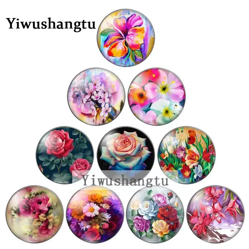 flowers sketch painting bright beauty8/10mm/12mm/18mm/20mm/25mm Round photo glass cabochon demo flat back Making findings ZB0543