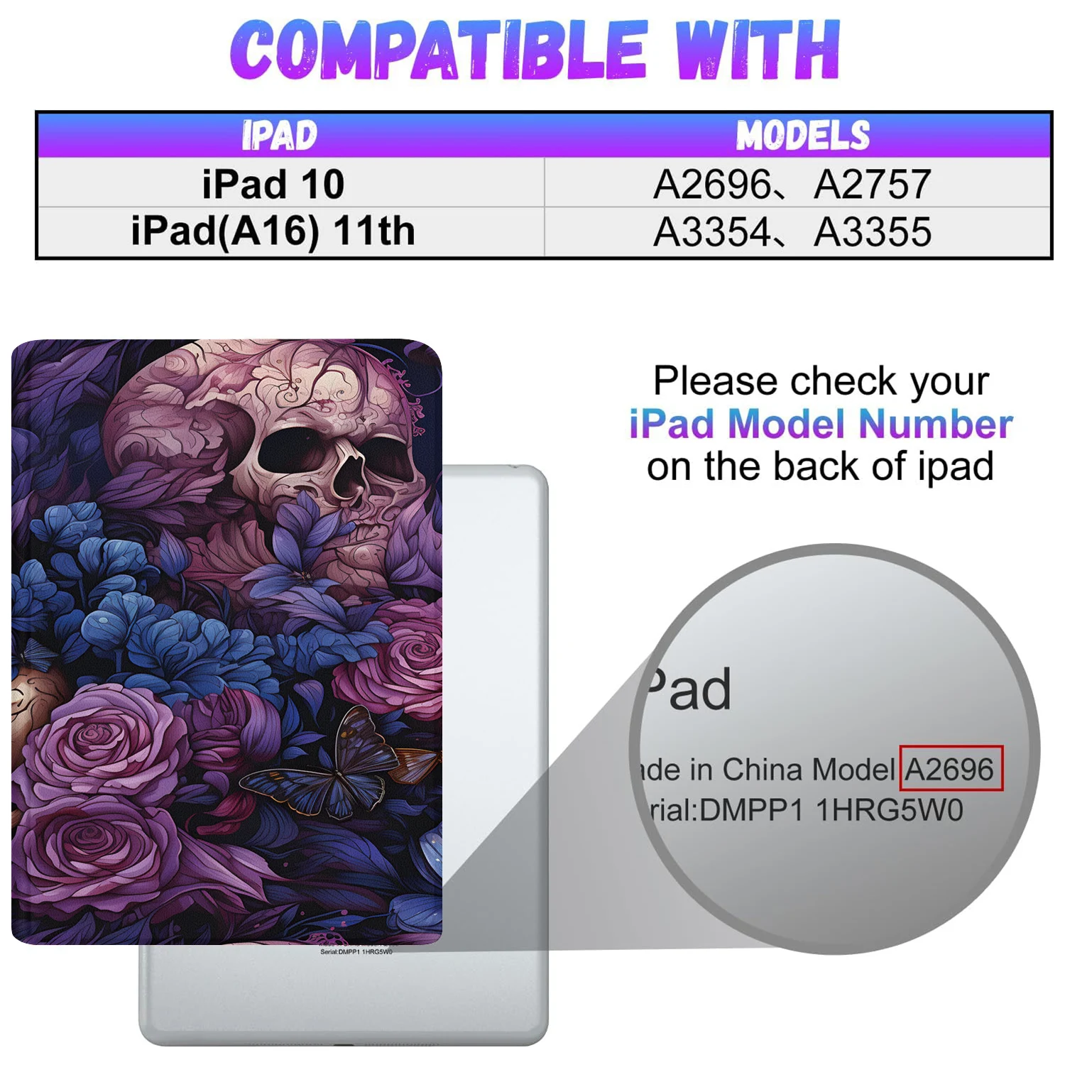 Purple Flower Skull Case for iPad A16 11in 2025 11th Gen/10.9in2022 10th  Auto Wake/Sleep Tablet Cover with Pen Holde Adjustable