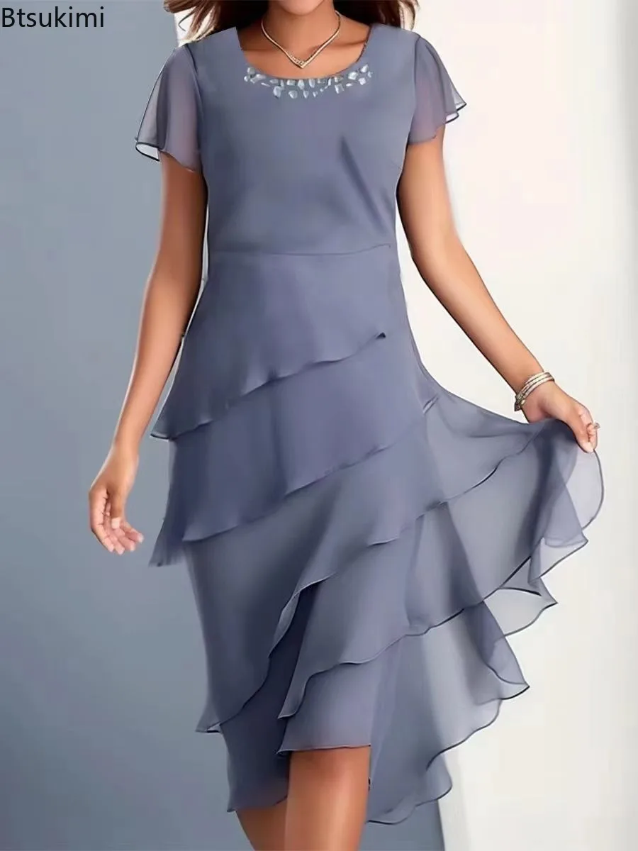 

2025 Women's Summer Solid O-neck Short Sleeve Dress Fashion Chiffon Patchwork Casual Party Midi Dresses Elegant Women Clothing