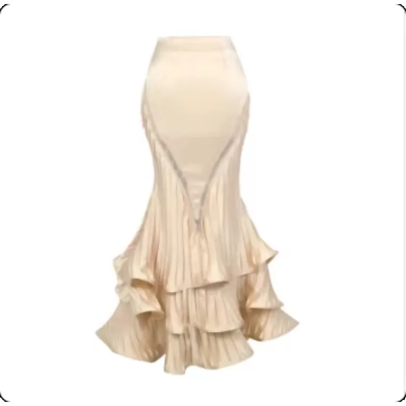 FallenVex Store Women Golden Retro Victorian Palace Long Pleated Trumpet Skirt Ruffles Formal Evening Party Mermaid Maxi Bottom
