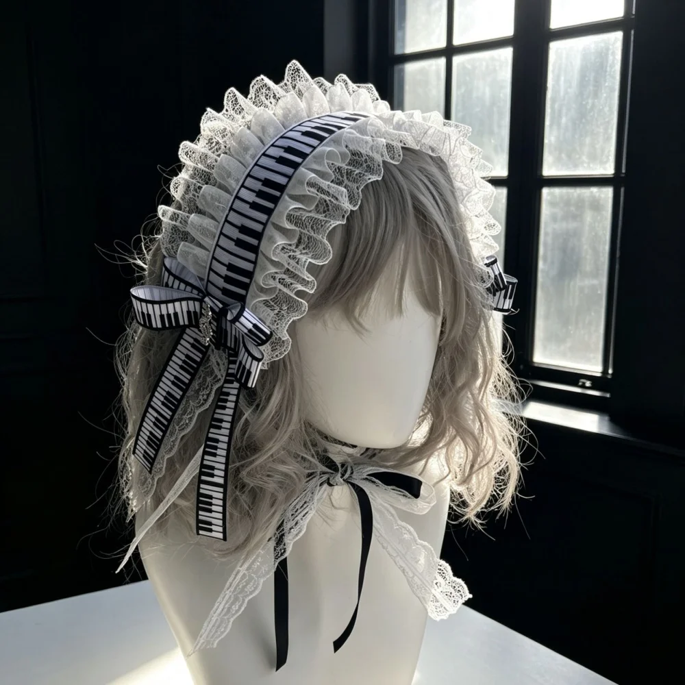 Piano Keys Lolita Lace Bow Headband Gothic Headdress Y2K Notes Japanese Soft Girl Lolita Fine Maid Hair Decorative Accessories