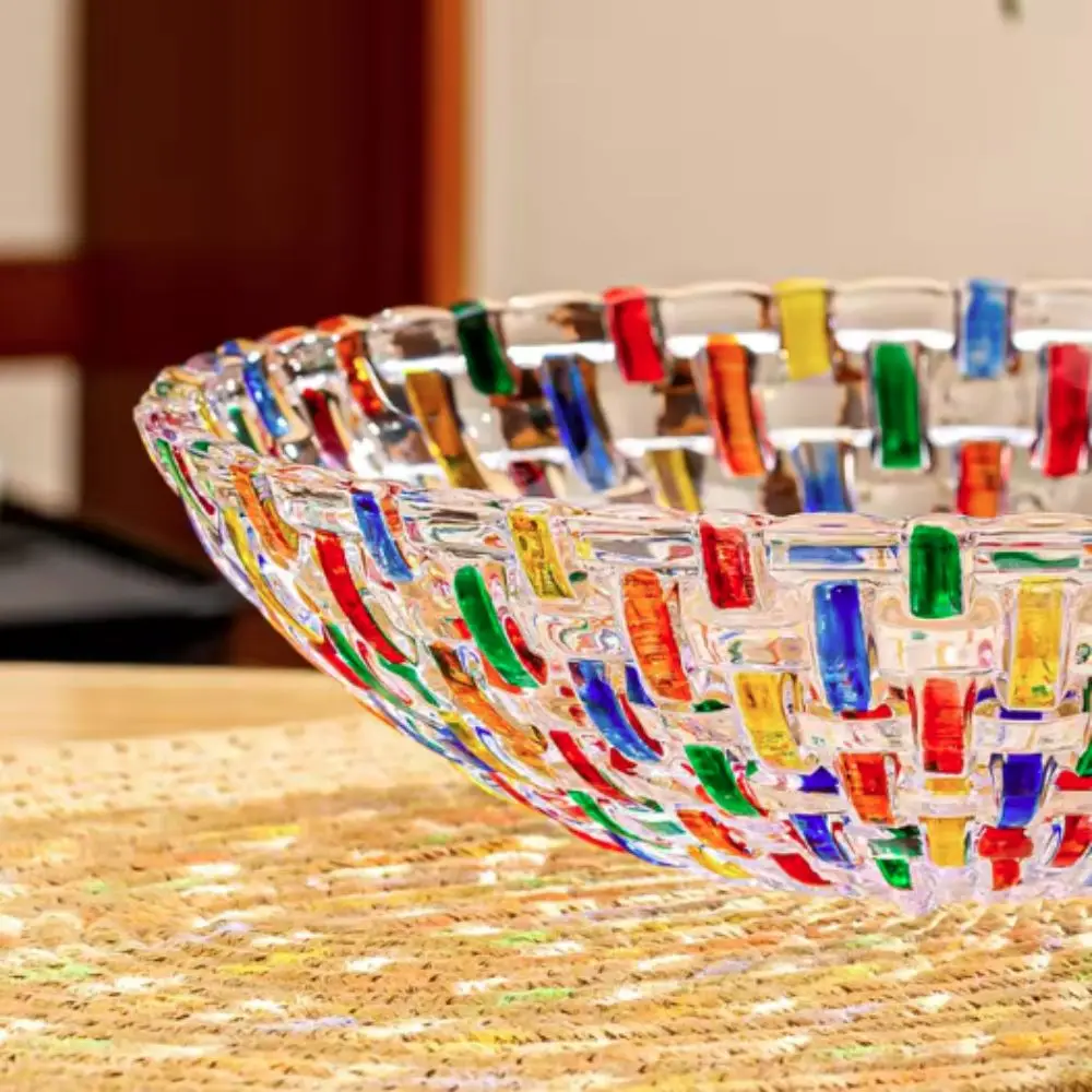 European-style Colored Woven Glass Fruit Plate Large Capacity Hand Painted Crystal Fruit Bowl Decorative Round Salad Plate