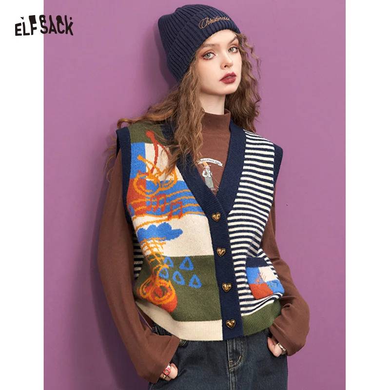 ELFSACK Sleeveless V-Neck Knit Vest with Striped & Art Print, Colorblock Button Cardigan Top for Casual Wear