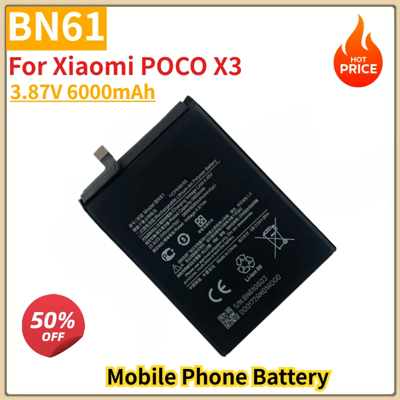 

Новый сменный аккумулятор мобильного телефона 3,87 В 6000 мАч BN61 для Xiaomi Pocophone X3 Poco X3