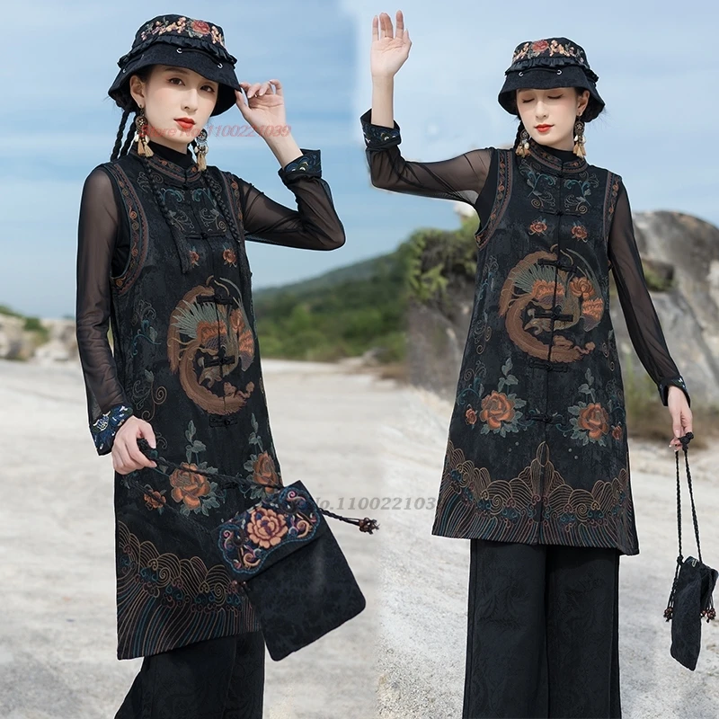 

2025 chinese vintage vest traditional stand collar jacquard vest national flower embroidery vest sleeveless jacket hanfu tops