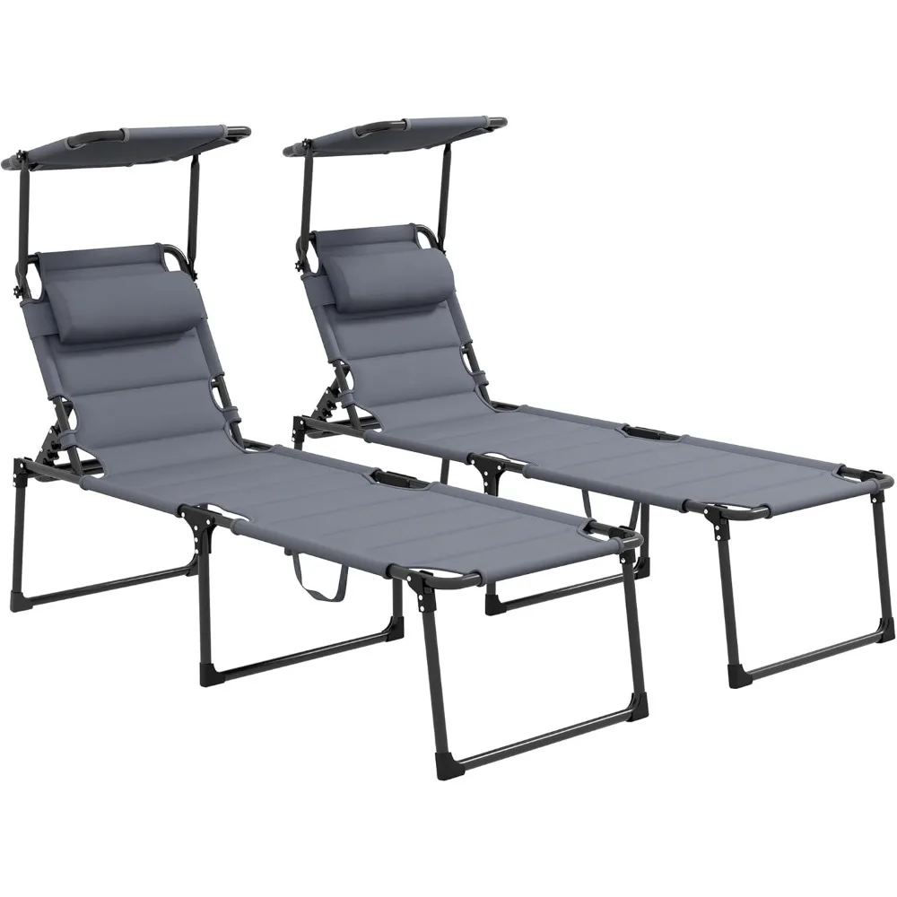 

2 Pieces Outdoor Lounge Chair, Adjustable Backrest Folding Chaise Lounge, Cushioned Tanning Chair with Sunshade Roof & Pillow H