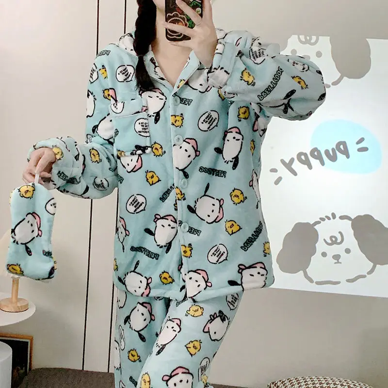 

New Sanrio Sleepwear Pochacco Pajamas Kawaii Women Autumn Winter Long Sleeve Cute Cartoon Anime Warm Plush Home Suit Y2k Pants