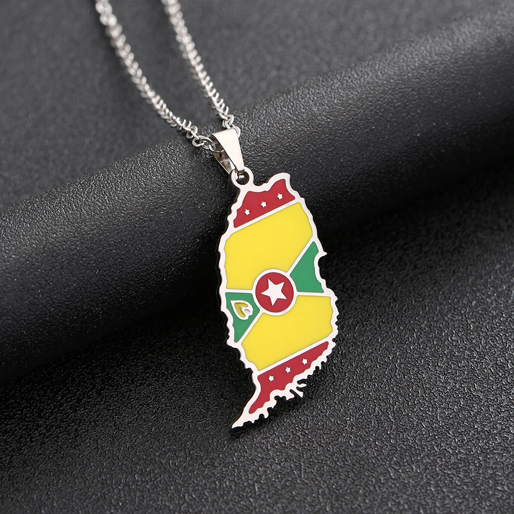 Fashion Ethnic Grenada Island Map Flag Pendant Necklace Gold/Silver Color Stainless Steel Men Women Country Maps Jewelry Gift