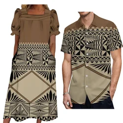 2024 Couples Set Custom Men'S Button-Down Shirt And Mumu Women'S Dress Micronesia Pocket Long Skirt