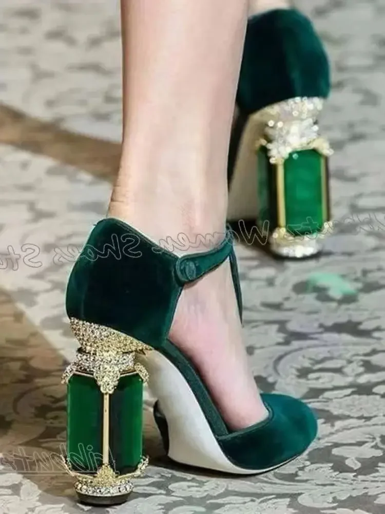 

Rhinestone Chunky Heels Pump Satin Pointed Toe Novelty Luxury Elegant Concise Sexy Fashion Women Party Wedding Shoes Solid Color