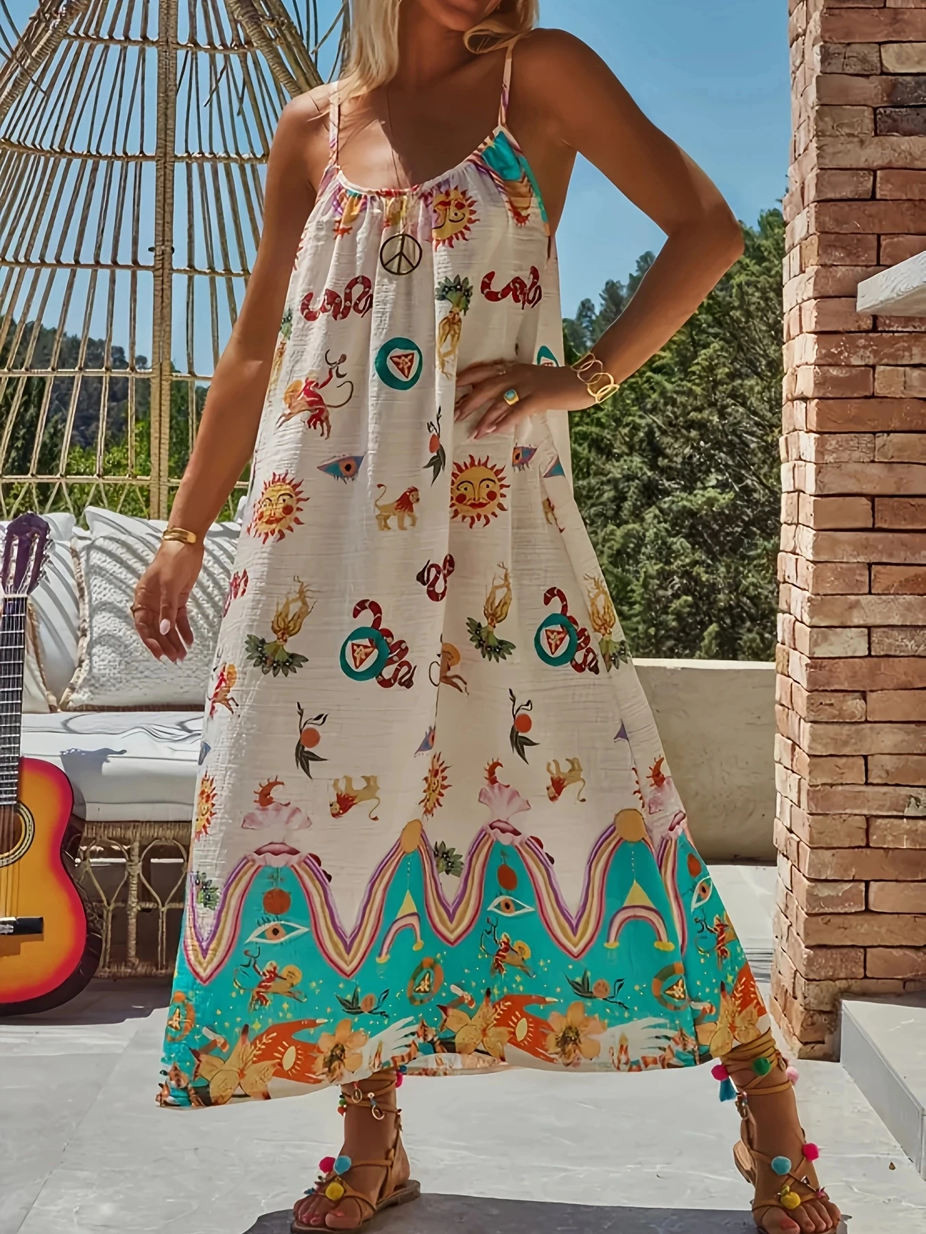 Women's Spaghetti Strap Boho Print Maxi Dress, Casual and Trendy Summer Beach Dress
