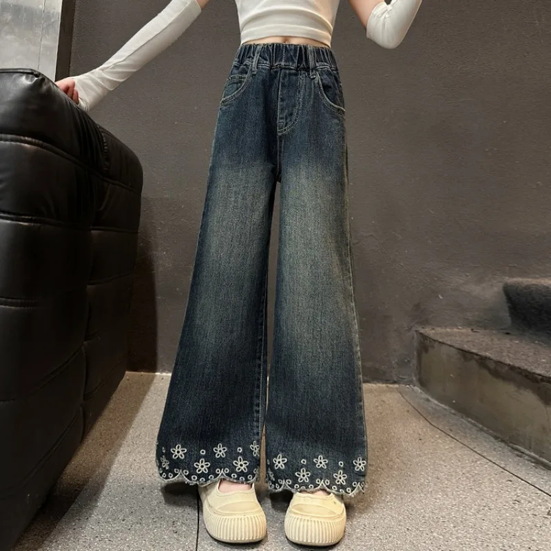 Junior Girls Jeans UNITIM Autumn 4-14Yrs Kids Girl Denim Pant Loose Elastic Waist Flower Embroidery Children Girls Straight Pant