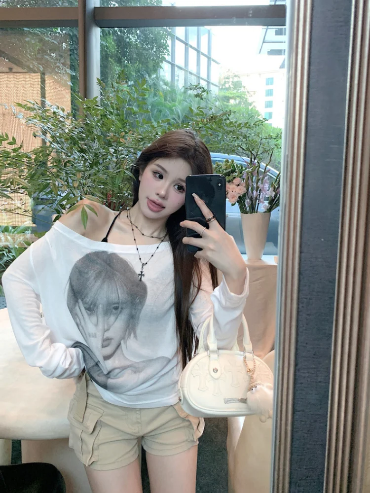 ADAgirl White Long Sleeve Oversized T-shirts for Women One Off Shoulder Portrait Print Loose Causal Tops Summer Autumn Clothes