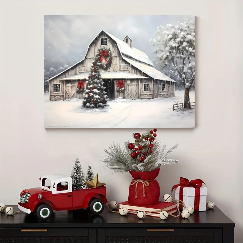 1PC ingelijste kerst canvas muur kunst kerst rustieke rode schuur poster slaapkamer woonkamer hal ideaal cadeau kamer decoratie