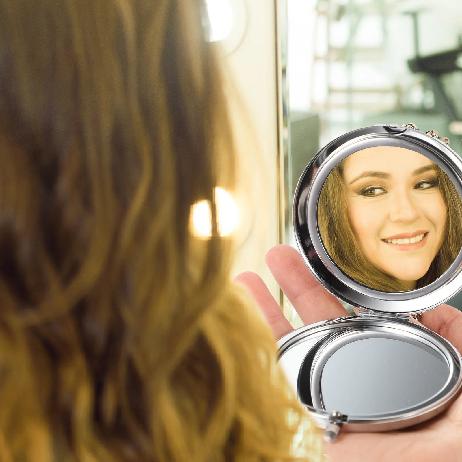 Espelho de bolso redondo compacto mini espelho elegante portátil decoração diamante leve durável para maquiagem e viagens