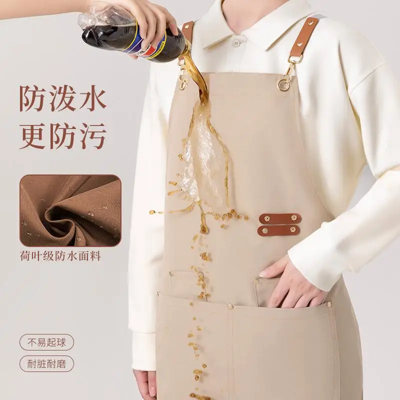 Waterproof Canvas Apron Custom Logo Printing Catering Specialty Barista Milk Tea Shop Nail Art Kitchen Work Clothes Women view 3