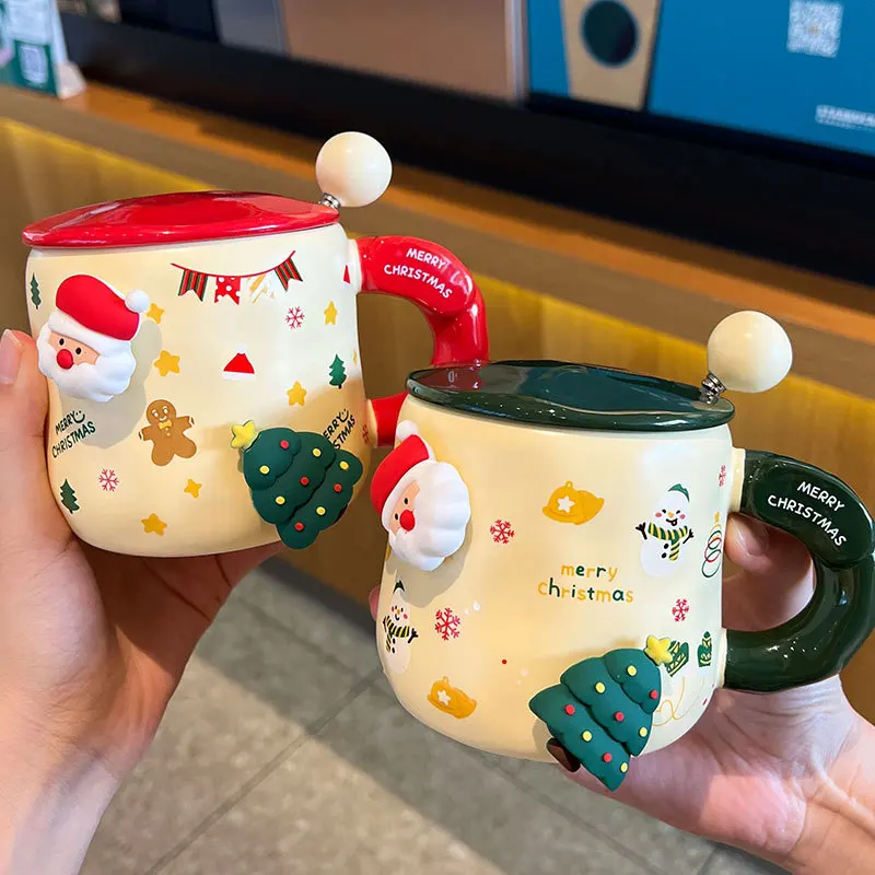 DIY Christmas Ceramic Cup with Magnetic Attachment Cartoon Christmas Mug with Lid Spoon Large Capacity Water Cup Christmas Gift