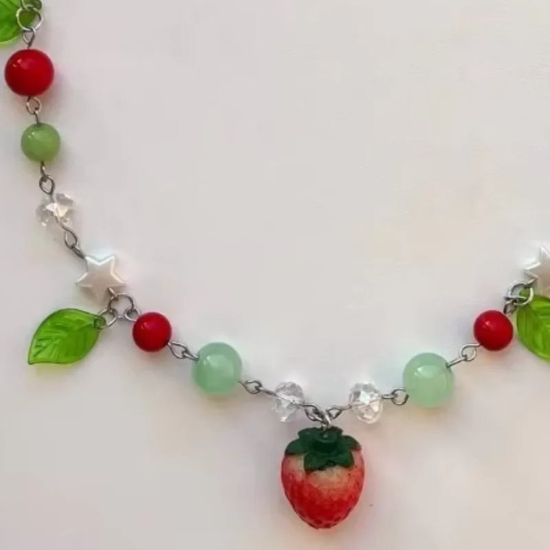 Handmade strawberry necklace, star, Green Leaf Strawberry Design | gift | Fashion Fairy Core