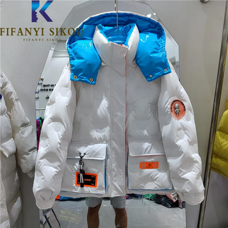 Ngắn Parkas Nữ Mùa Đông 2022 Áo Khoác In Chữ Thời Trang Có Mũ Trùm Đầu Bóng Xuống Áo Spliced Rời Bông Ấm Áp Áo Khoác Nữ