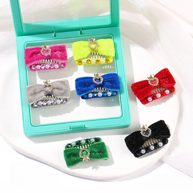 Pet Hairpin Flocking Bow with Diamond Pearl Pet Bb Clip Marzis Dog Cat Headdress