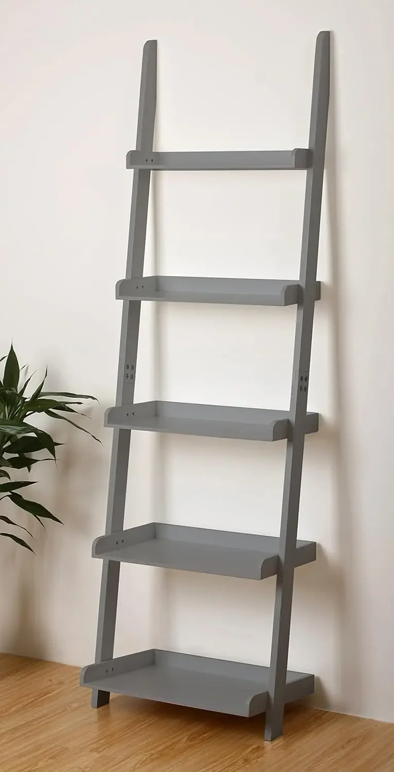 Modern 5 Tier Leaning Wall Ladder Bookshelf Organizer, Storage Rack, 70 Inches, Gray