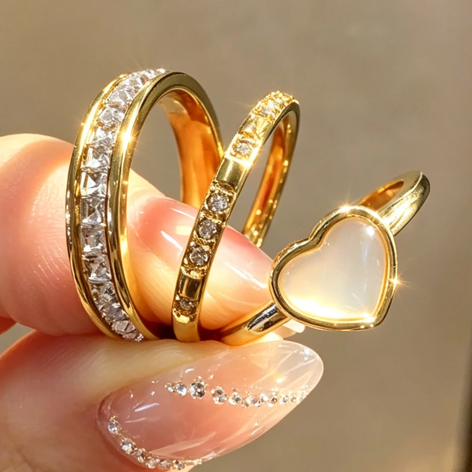 Yupsk Creative Fashion Stainless Steel Stackable 3pcs/Set Rings for Women Heart Finger Ring Daily Versatile Accessories