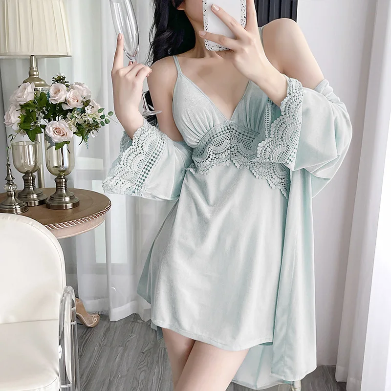 Golden Velvet Pajamas Three-Piece Female Autumn and Winter Long-Sleeved Robe Set Sexy Lace Sling Pajamas Nightgowns Homewear