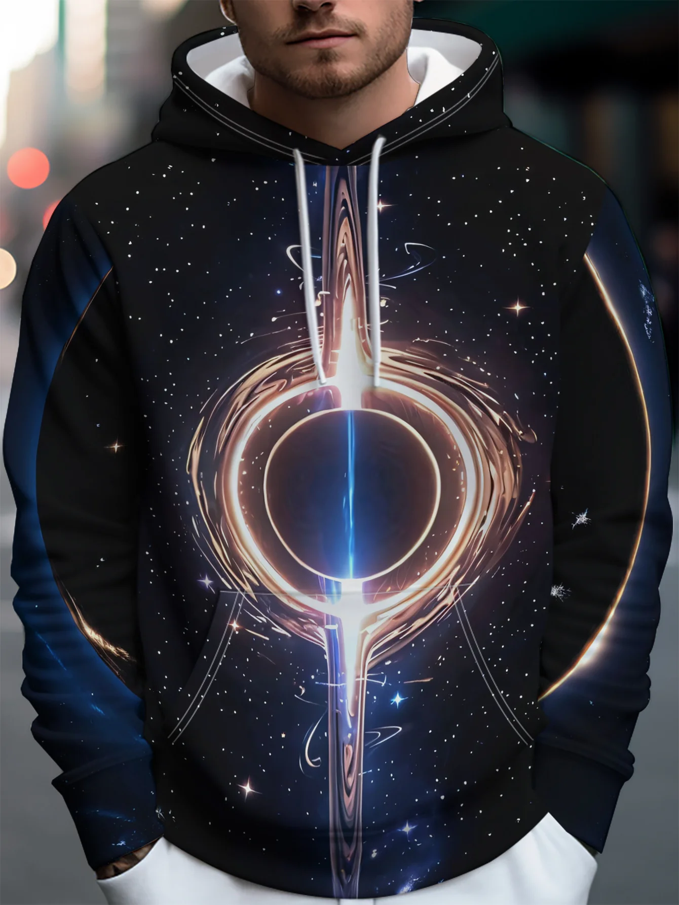 Men Black Starry Sky Golden Blue Light Ring Cosmic 3D All Over Print Hoodie Fashion Galaxy Graphic Casual Long Sleeve Sweatshirt