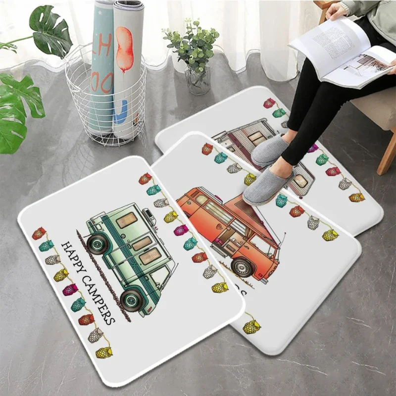 1Pc Happy Campers Pattern Floor Mat Non-Slip Home Decor Doormat Carpet Washable Living Room Bedroom Balcony Bath Hallway Rugs