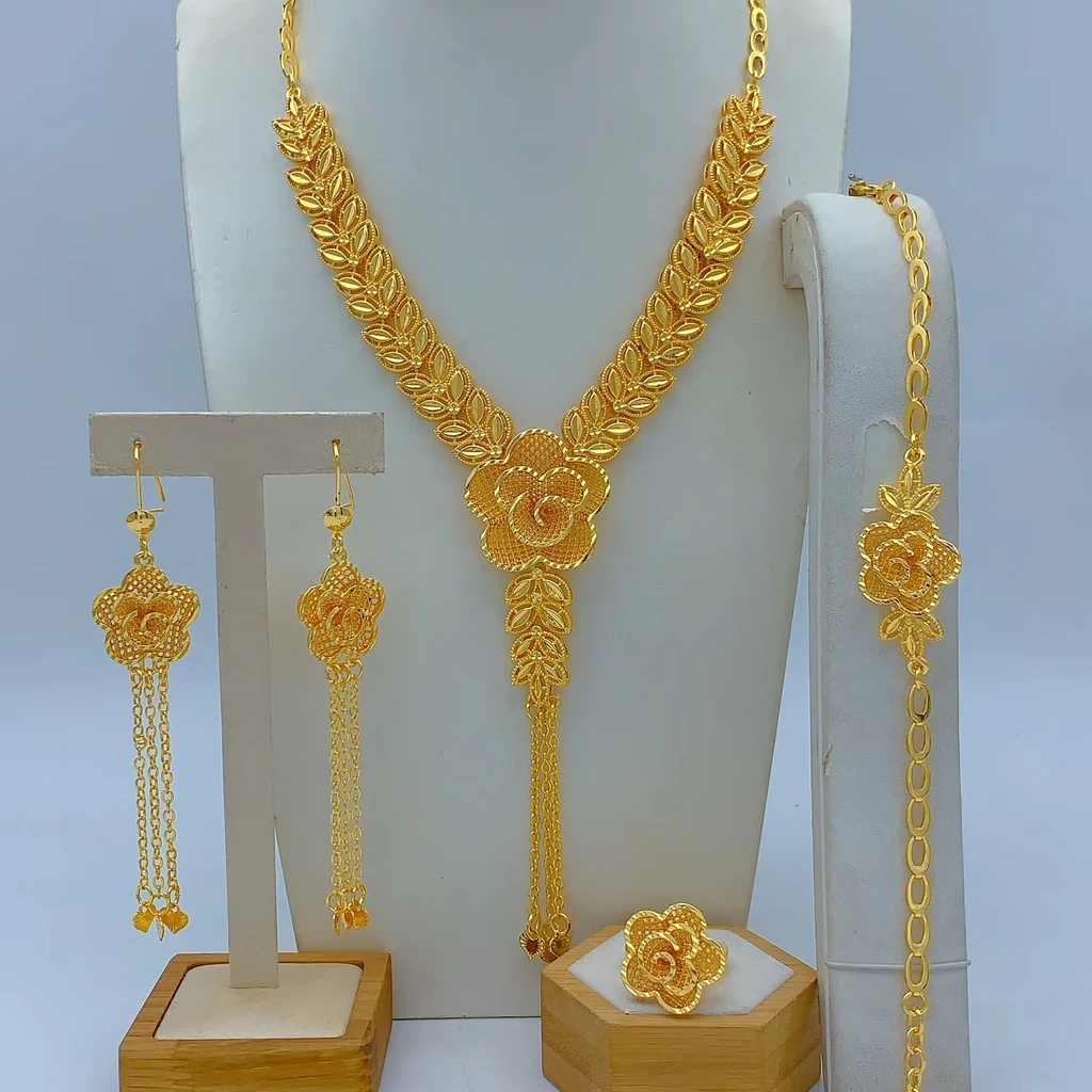 Nigerianisches 24K Goldfarbenes Brautschmuckset für Frauen, äthiopisches Dubai-Blumen-Halsketten-, Armband-, Ohrring- und Ringset, Partygeschenk