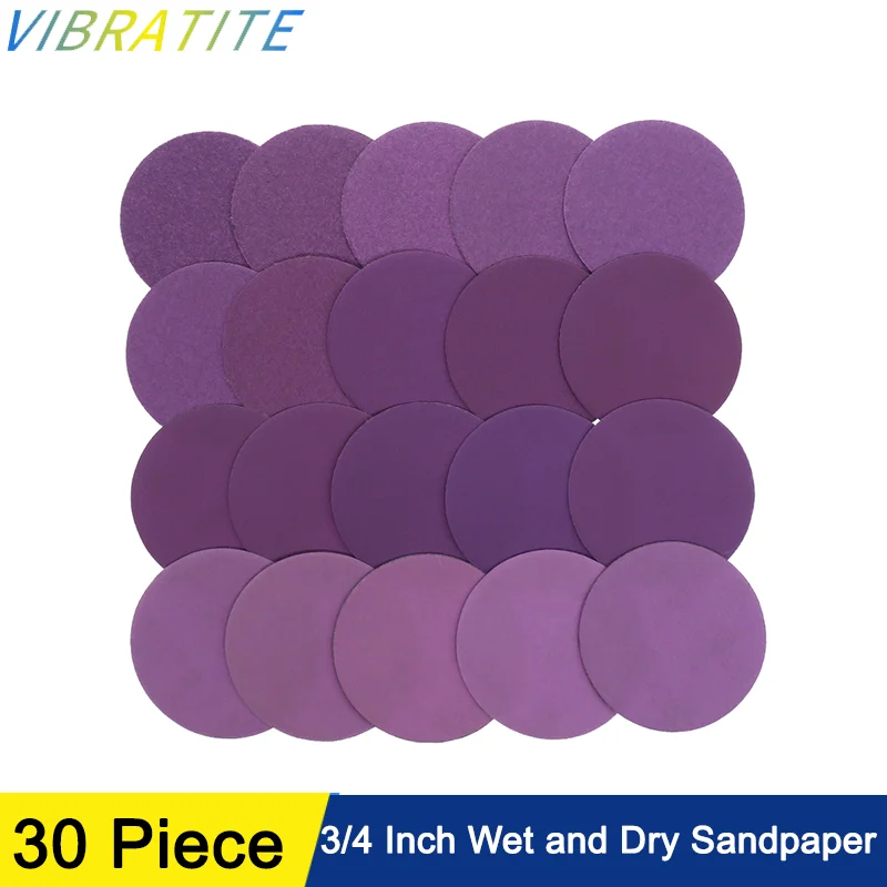 3/4 Inch Purple Wet Dry Sandpaper 30 Pcs Assorted 60-10000 Grits Hook and Loop Professional Aluminum Oxide for Polishing Metal
