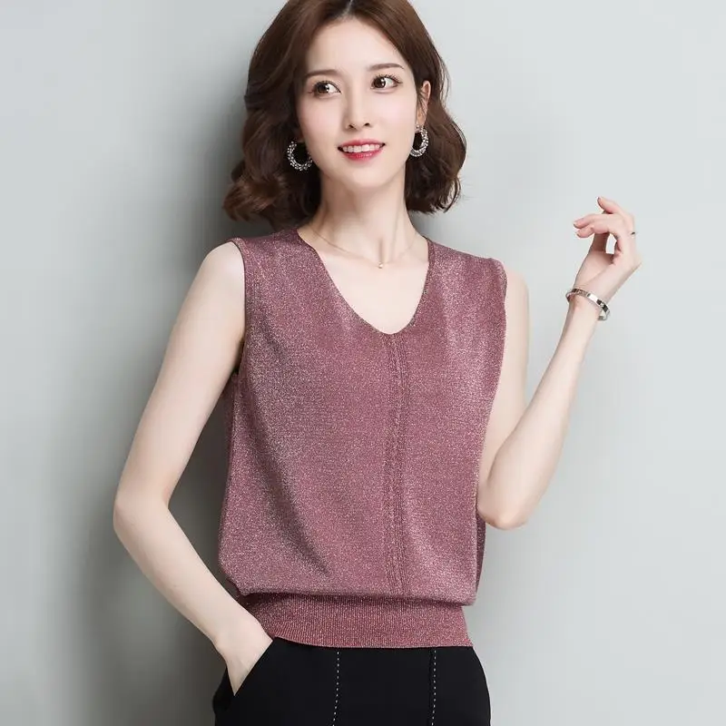 

Fashion V-Neck Solid Color Bright Silk Vests T-Shirt Women's Clothing 2024 Spring New Loose Commuter Tops All-match Tee Shirt