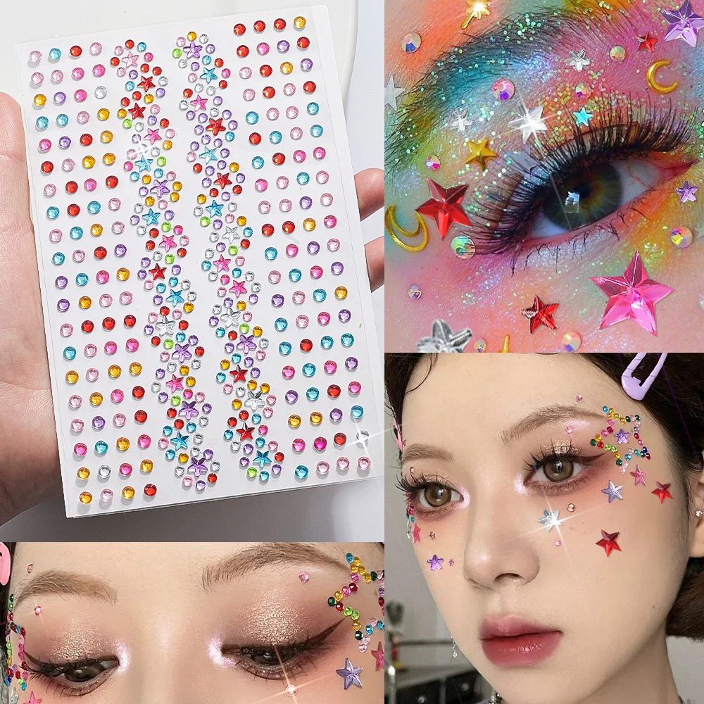 1Pcs 3D Iridescent Face Decorations Rhinestone Stickers Star/Round Gem Fake Tattoos for 14+Women Stage Body Eye Makeup Sticker